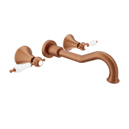 Baril Ralph B18 Two Handles Wall-Mounted Lavatory Faucet Trim, Drain Not Included - Satin Copper / White