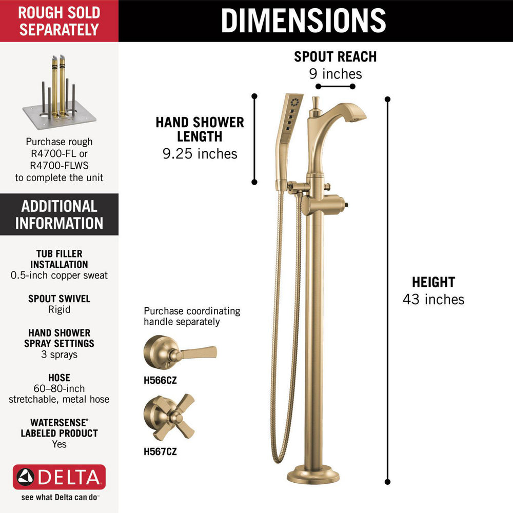Delta Dorval Single Handle Floor Mount Tub Filler Trim - Less Handle - T4756
