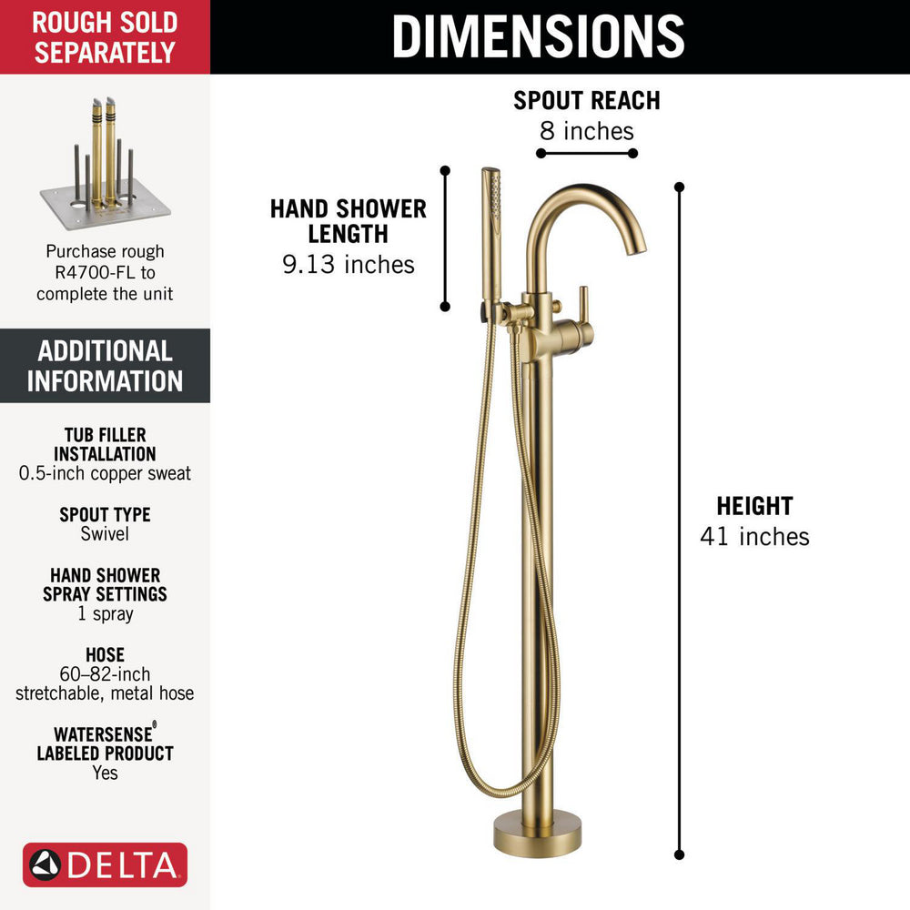 Delta Contemporary Floor Mount Tub Filler Trim with Hand Shower - T4759