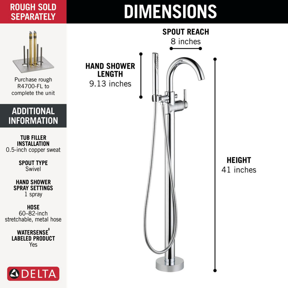 Delta Contemporary Floor Mount Tub Filler Trim with Hand Shower - T4759