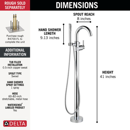 Delta Contemporary Floor Mount Tub Filler Trim with Hand Shower - T4759