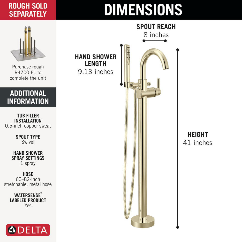 Delta Contemporary Floor Mount Tub Filler Trim with Hand Shower - T4759