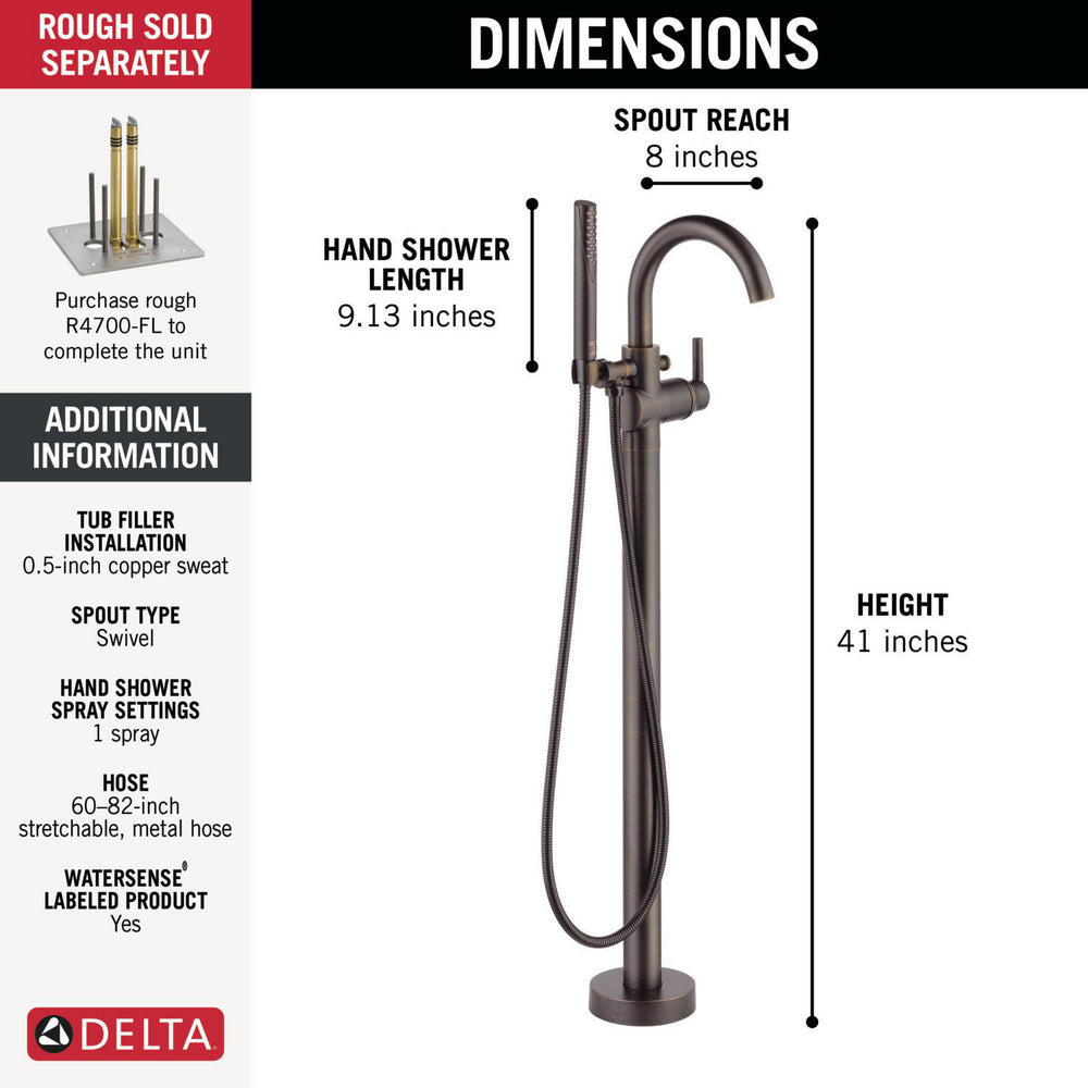 Delta Contemporary Floor Mount Tub Filler Trim with Hand Shower - T4759