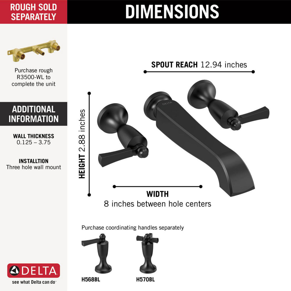 Delta Dorval Two Handle Wall Mount Tub Filler - Less Handles - T5756