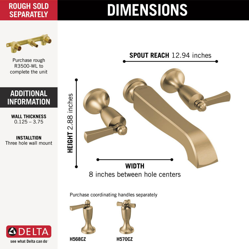 Delta Dorval Two Handle Wall Mount Tub Filler - Less Handles - T5756