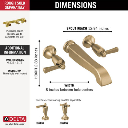Delta Dorval Two Handle Wall Mount Tub Filler - Less Handles - T5756