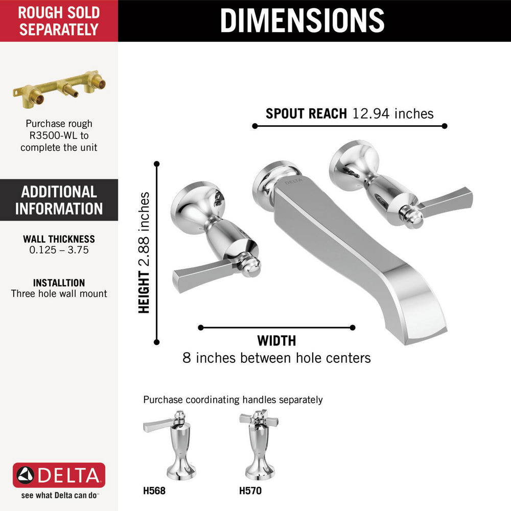 Delta Dorval Two Handle Wall Mount Tub Filler - Less Handles - T5756