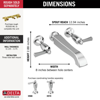 Delta Dorval Two Handle Wall Mount Tub Filler - Less Handles - T5756