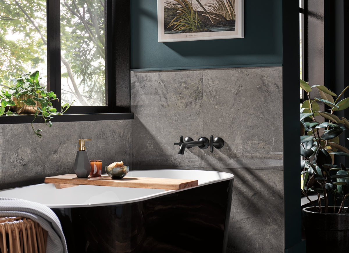 Brizo T70475 in BL, installation inspiration; other fixtures and optional accessories shown are sold separately.