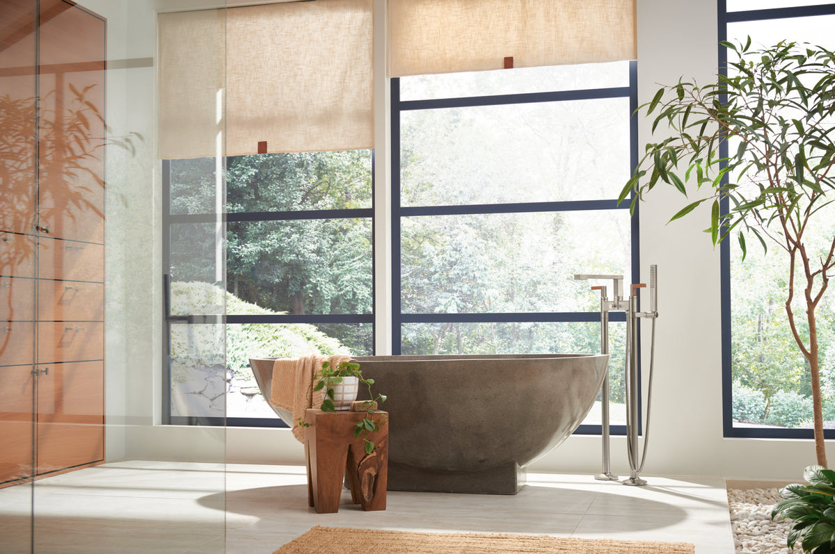 Brizo T71766 in NK, installation inspiration; other fixtures and optional accessories shown are sold separately.