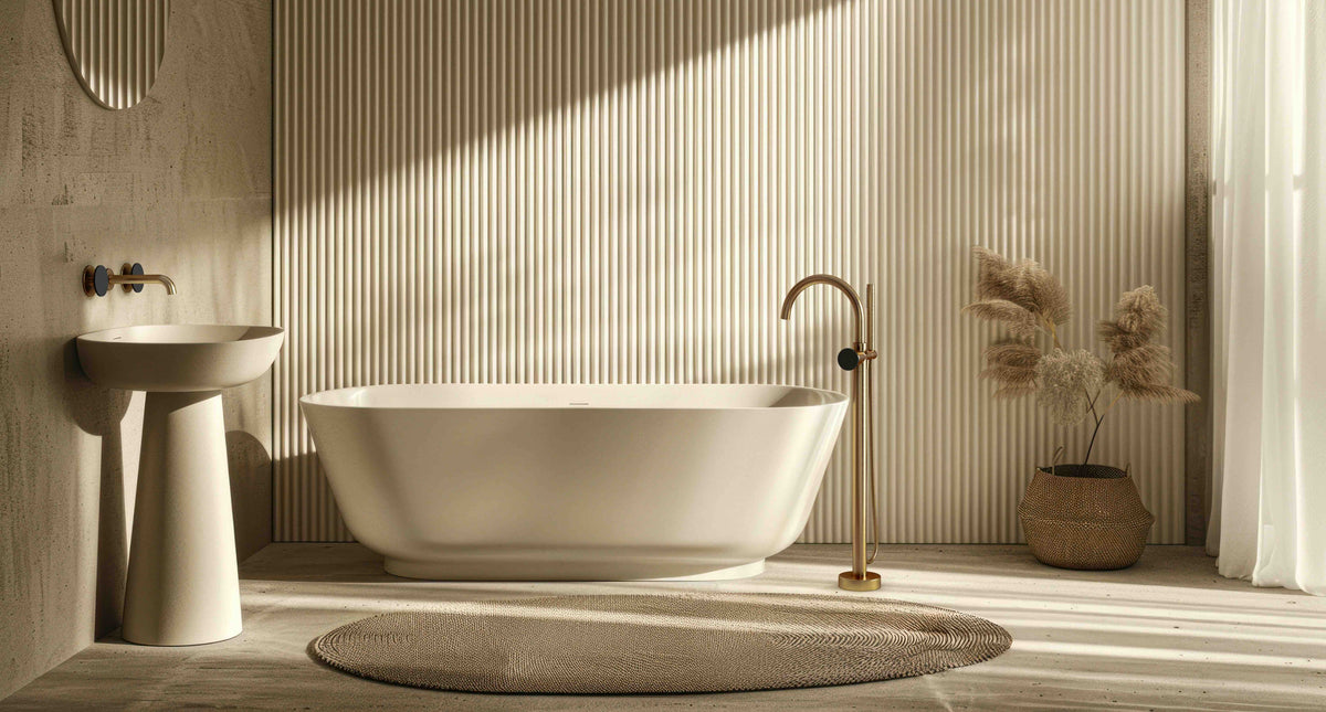 Baril Air B80 bathroom installation with Warm Gold and Matte Black accents; complete faucets and other fixtures sold separately.