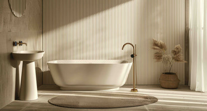 Baril Air B80 bathroom installation with Warm Gold and Matte Black accents; complete faucets and other fixtures sold separately.