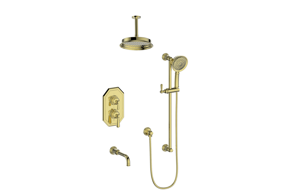 Vogt Carinthia 3-Way Thermostatic Shower System Trim, 6" Ceiling Arm, in Brushed Gold with Round Handle – TM.C11.320.316.BG