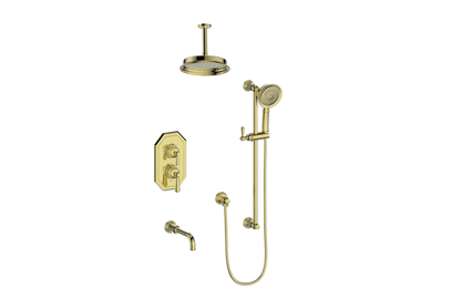 Vogt Carinthia 3-Way Thermostatic Shower System Trim, 6" Ceiling Arm, in Brushed Gold with Round Handle – TM.C11.320.316.BG