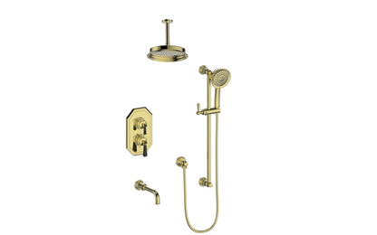Vogt Carinthia 3-Way Thermostatic Shower System Trim, 6" Ceiling Arm, in Brushed Gold & Matte Black with Round Handle – TM.C11.320.316.BGB
