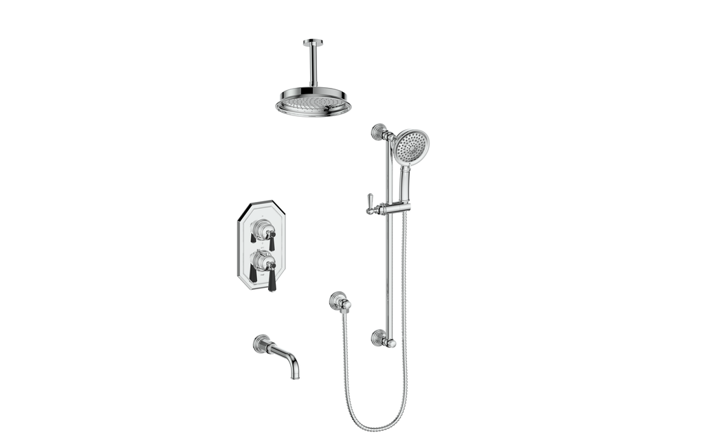 Vogt Carinthia 3-Way Thermostatic Shower System Trim, 6" Ceiling Arm, in Chrome & Matte Black with Round Handle – TM.C11.320.316.CB