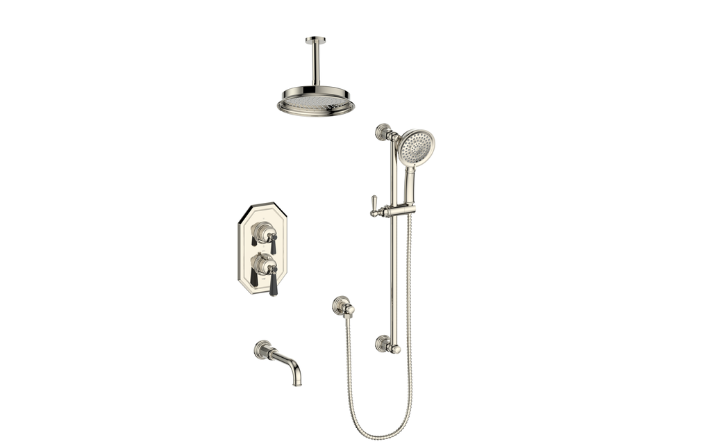 Vogt Carinthia 3-Way Thermostatic Shower System Trim, 6" Ceiling Arm, in Polished Nickel & Matte Black with Round Handle – TM.C11.320.316.PB
