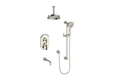Vogt Carinthia 3-Way Thermostatic Shower System Trim, 6" Ceiling Arm, in Polished Nickel & Matte Black with Round Handle – TM.C11.320.316.PB