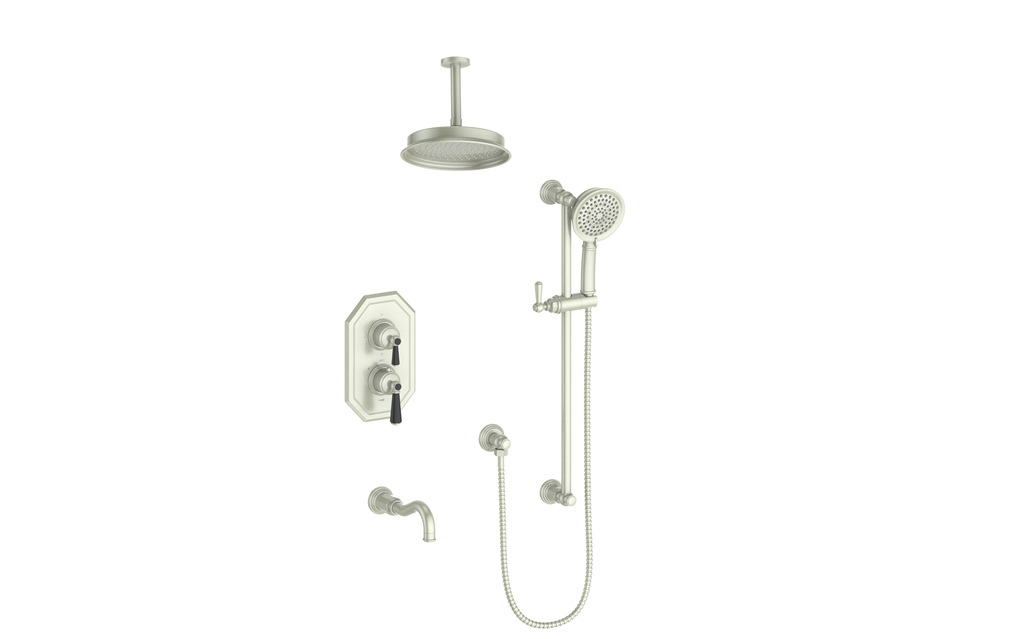 Vogt Carinthia 3-Way Thermostatic Shower System Trim, 6" Ceiling Arm, in Brushed Nickel & Matte Black with Round Handle – TM.C12.320.316.BB