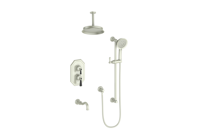 Vogt Carinthia 3-Way Thermostatic Shower System Trim, 6" Ceiling Arm, in Brushed Nickel & Matte Black with Round Handle – TM.C12.320.316.BB