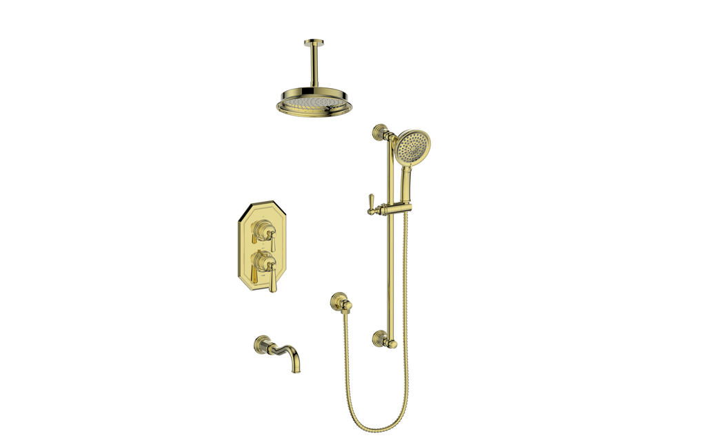 Vogt Carinthia 3-Way Thermostatic Shower System Trim, 6" Ceiling Arm, in Brushed Gold with Round Handle – TM.C12.320.316.BG