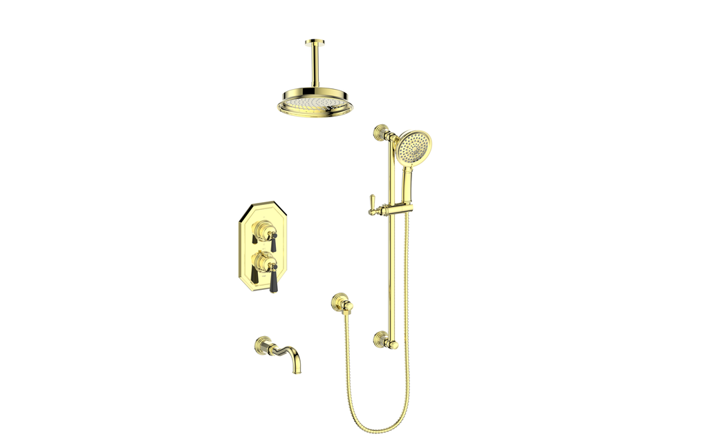 Vogt Carinthia 3-Way Thermostatic Shower System Trim, 6" Ceiling Arm, in Brushed Gold & Matte Black with Round Handle – TM.C12.320.316.BGB