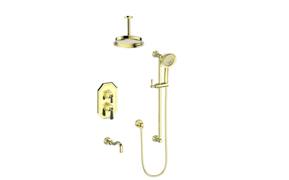 Vogt Carinthia 3-Way Thermostatic Shower System Trim, 6" Ceiling Arm, in Brushed Gold & Matte Black with Round Handle – TM.C12.320.316.BGB