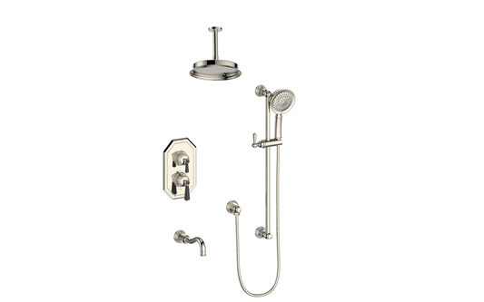 Vogt Carinthia 3-Way Thermostatic Shower System Trim, 6" Ceiling Arm, in Polished Nickel & Matte Black with Round Handle – TM.C12.320.316.PB