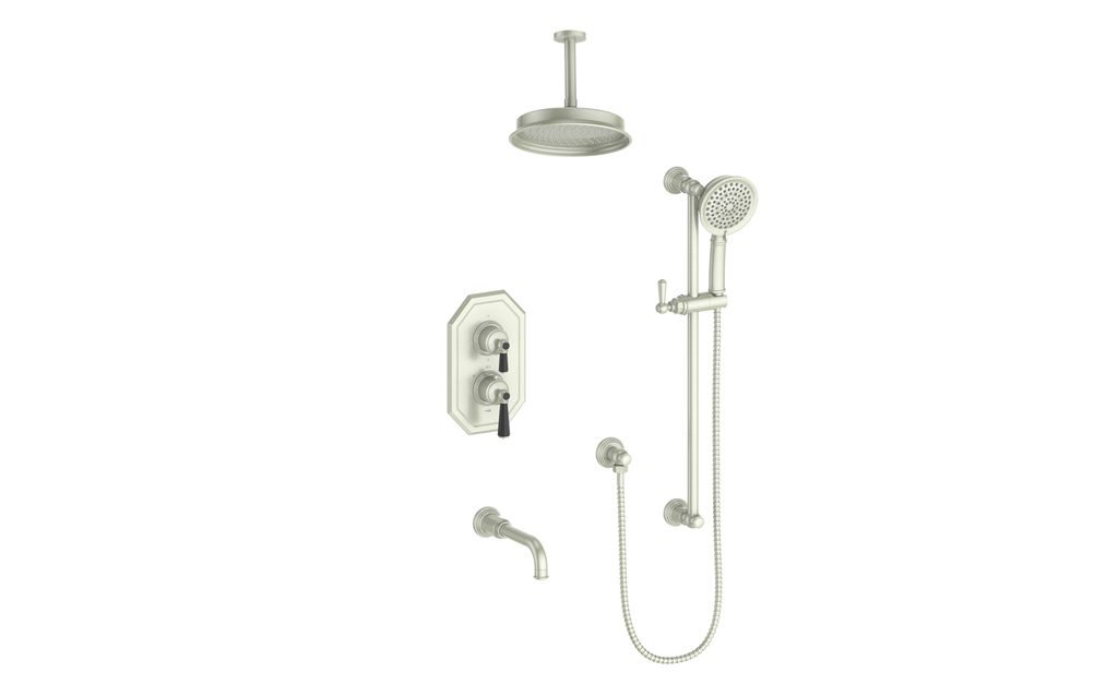 Vogt Carinthia 3-Way Thermostatic Shower System Trim, 6" Ceiling Arm, in Brushed Nickel & Matte Black with Octagonal Handle – TM.C21.320.316.BB