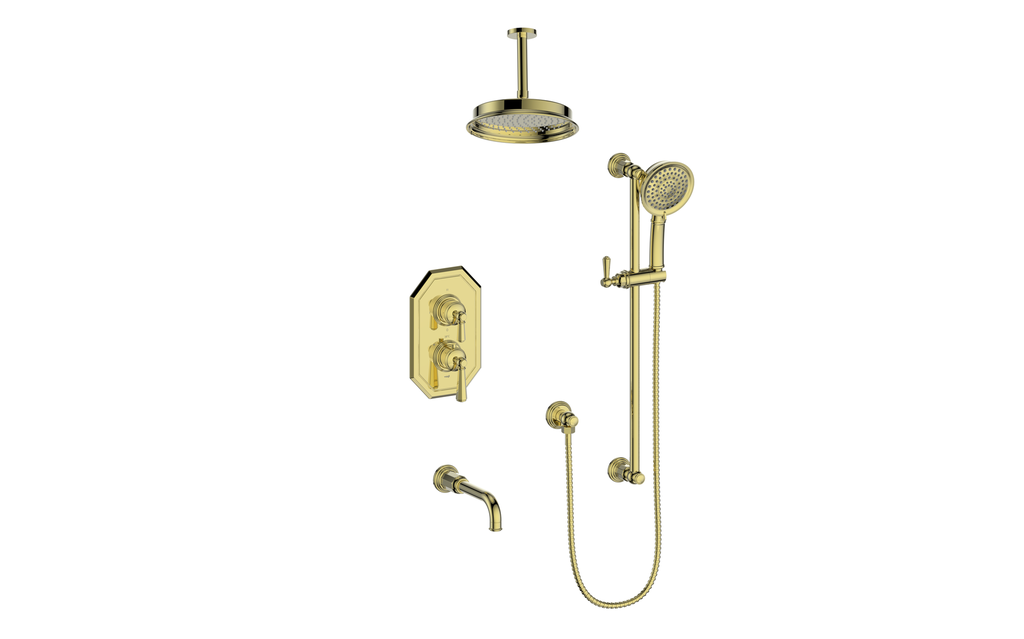 Vogt Carinthia 3-Way Thermostatic Shower System Trim, 6" Ceiling Arm, in Brushed Gold with Octagonal Handle – TM.C21.320.316.BG