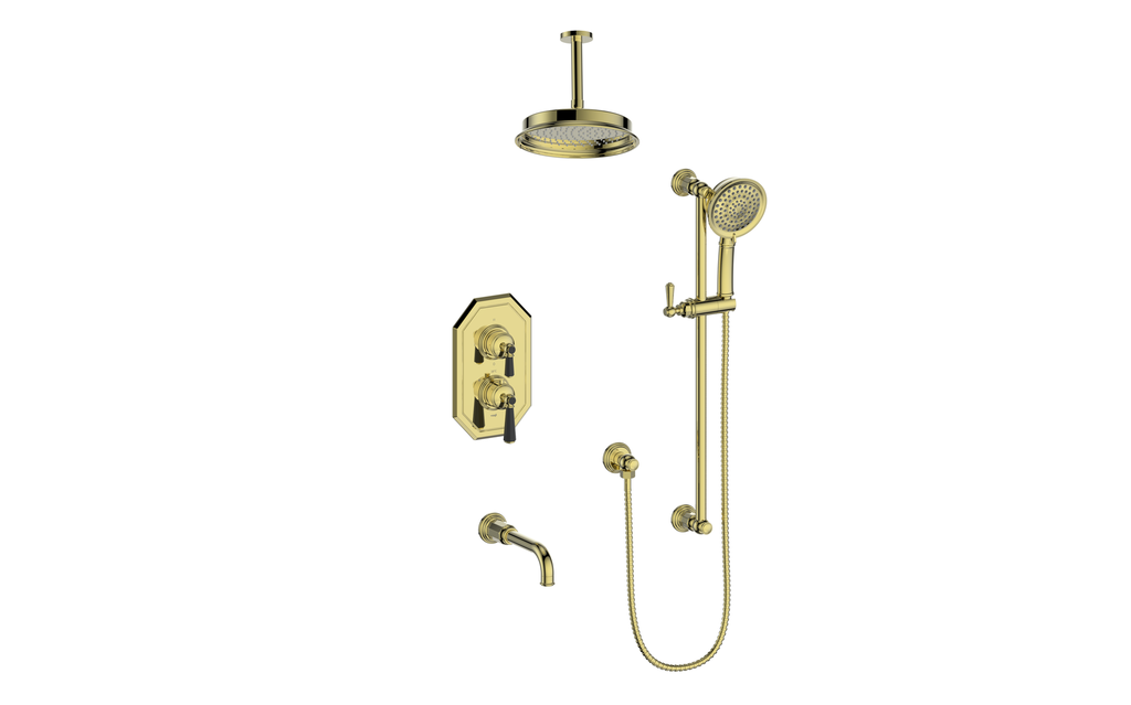 Vogt Carinthia 3-Way Thermostatic Shower System Trim, 6" Ceiling Arm, in Brushed Gold & Matte Black with Octagonal Handle – TM.C21.320.316.BGB