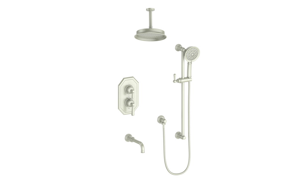 Vogt Carinthia 3-Way Thermostatic Shower System Trim, 6" Ceiling Arm, in Brushed Nickel with Octagonal Handle – TM.C21.320.316.BN