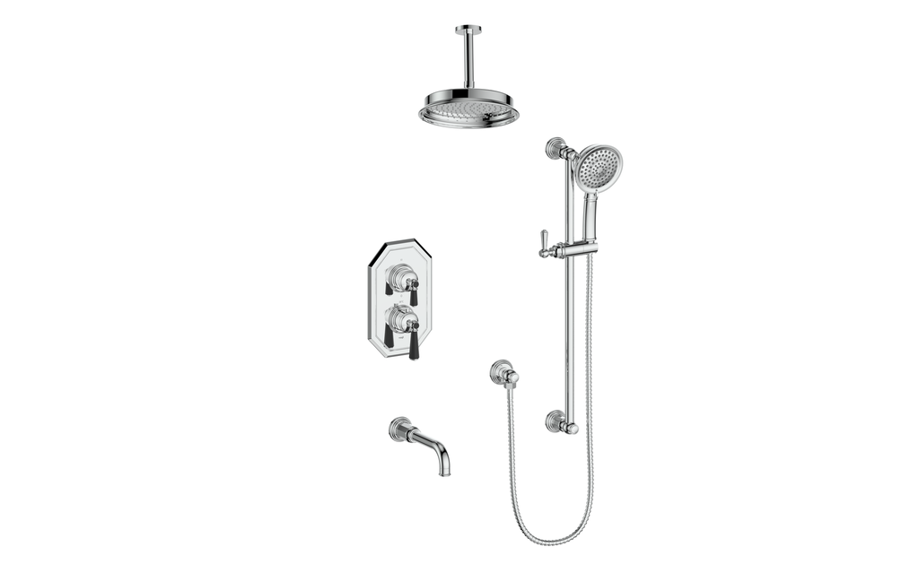 Vogt Carinthia 3-Way Thermostatic Shower System Trim, 6" Ceiling Arm, in Chrome & Matte Black with Octagonal Handle – TM.C21.320.316.CB