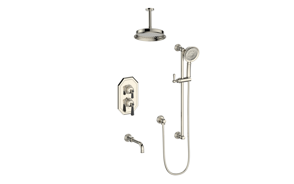 Vogt Carinthia 3-Way Thermostatic Shower System Trim, 6" Ceiling Arm, in Polished Nickel & Matte Black with Octagonal Handle – TM.C21.320.316.PB