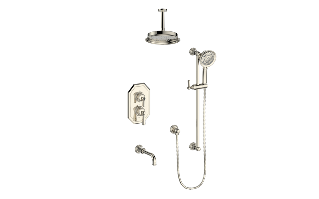 Vogt Carinthia 3-Way Thermostatic Shower System Trim, 6" Ceiling Arm, in Polished Nickel with Octagonal Handle – TM.C21.320.316.PN