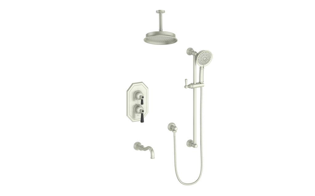 Vogt Carinthia 3-Way Thermostatic Shower System Trim, 6" Ceiling Arm, in Brushed Nickel & Matte Black with Octagonal Handle – TM.C22.320.316.BB