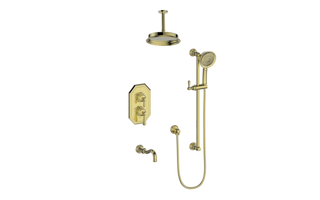 Vogt Carinthia 3-Way Thermostatic Shower System Trim, 6" Ceiling Arm, in Brushed Gold with Octagonal Handle – TM.C22.320.316.BG