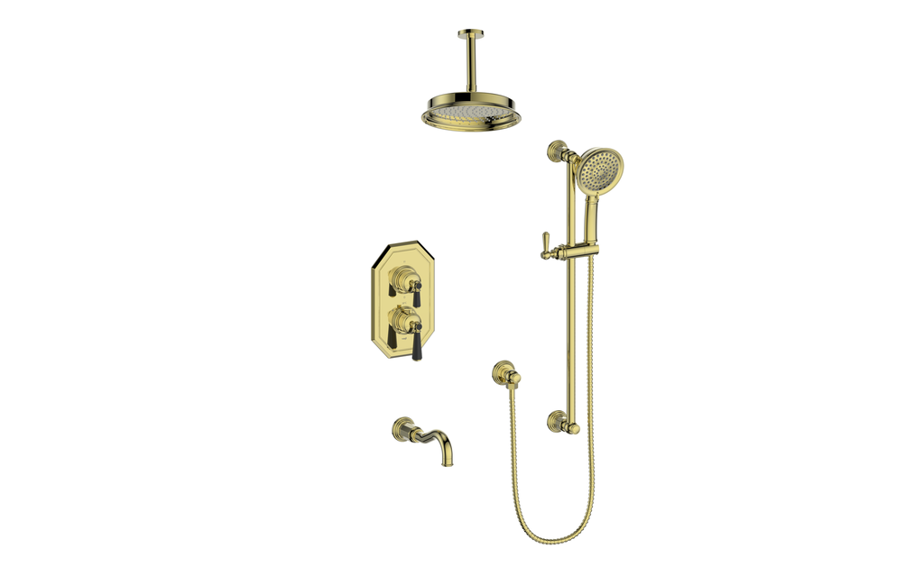 Vogt Carinthia 3-Way Thermostatic Shower System Trim, 6" Ceiling Arm, in Brushed Gold & Matte Black with Octagonal Handle – TM.C22.320.316.BGB