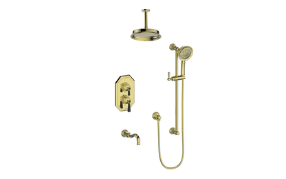 Vogt Carinthia 3-Way Thermostatic Shower System Trim, 6" Ceiling Arm, in Brushed Gold & Matte Black with Octagonal Handle – TM.C22.320.316.BGB