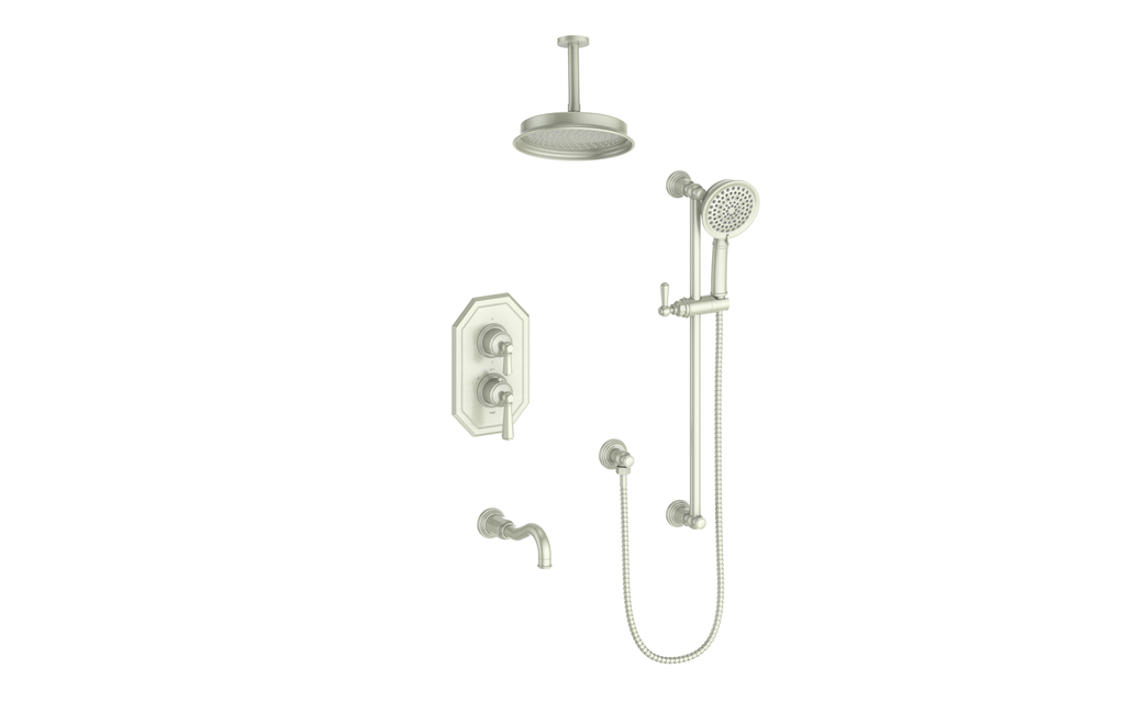 Vogt Carinthia 3-Way Thermostatic Shower System Trim, 6" Ceiling Arm, in Brushed Nickel with Octagonal Handle – TM.C22.320.316.BN