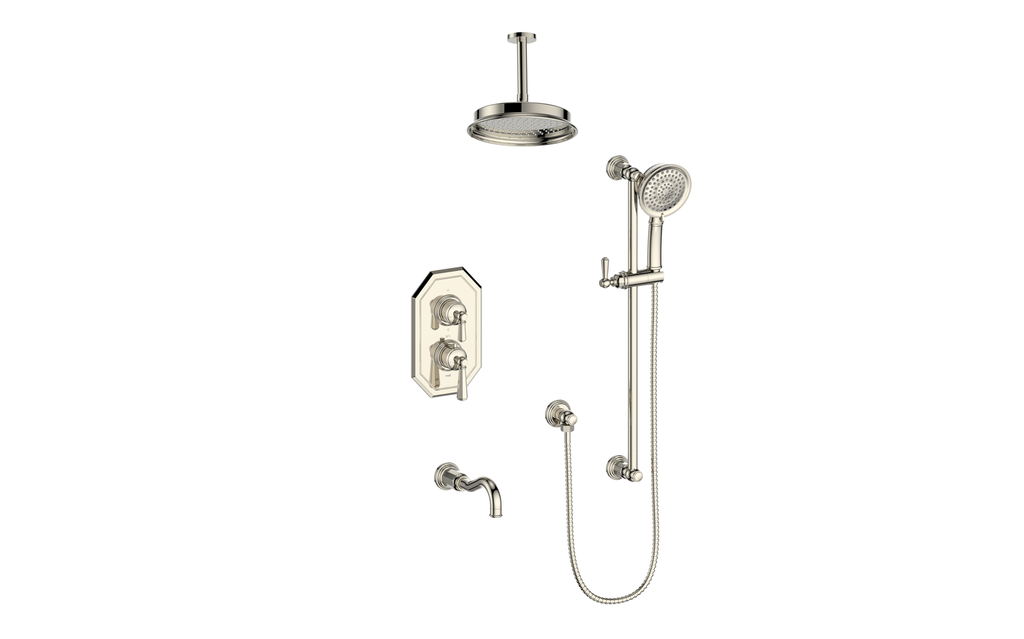 Vogt Carinthia 3-Way Thermostatic Shower System Trim, 6" Ceiling Arm, in Polished Nickel with Octagonal Handle – TM.C22.320.316.PN