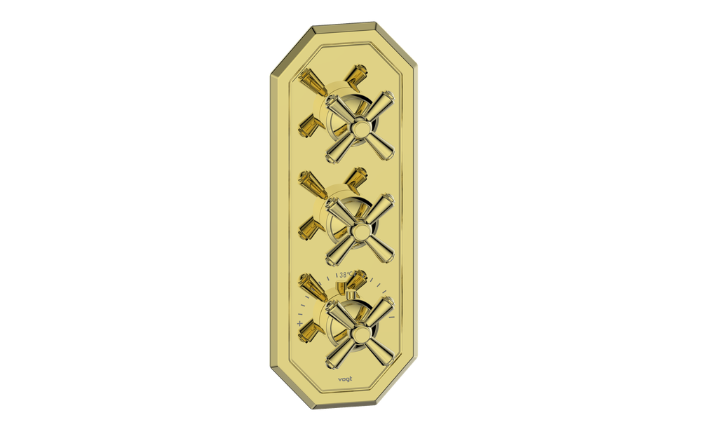 Vogt Carinthia 3/4" High-Flow Thermostatic Valve Trim with 2 Stops in Brushed Gold with Cross Handle – TM.C3.250.BG