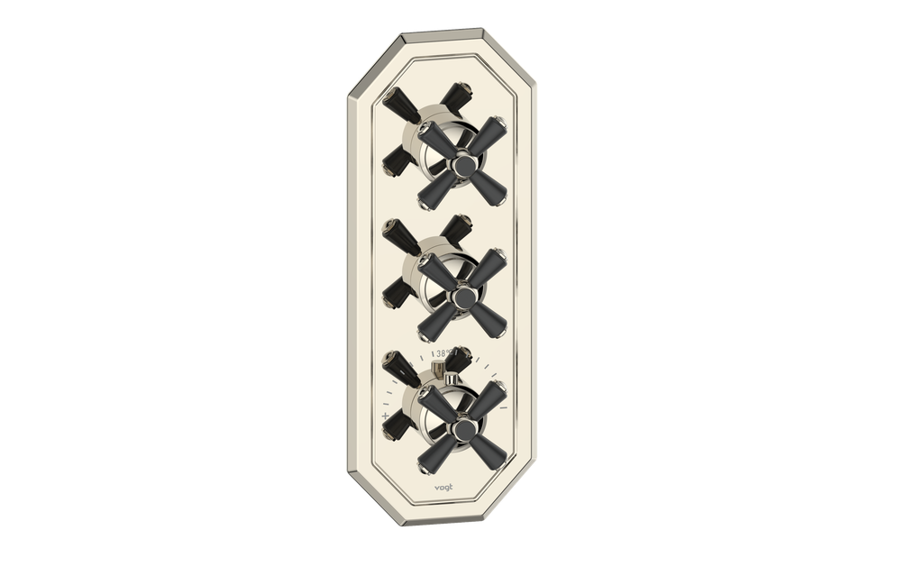 Vogt Carinthia 3/4" High-Flow Thermostatic Valve Trim with 2 Stops in Polished Nickel & Matte Black with Cross Handle – TM.C3.250.PB
