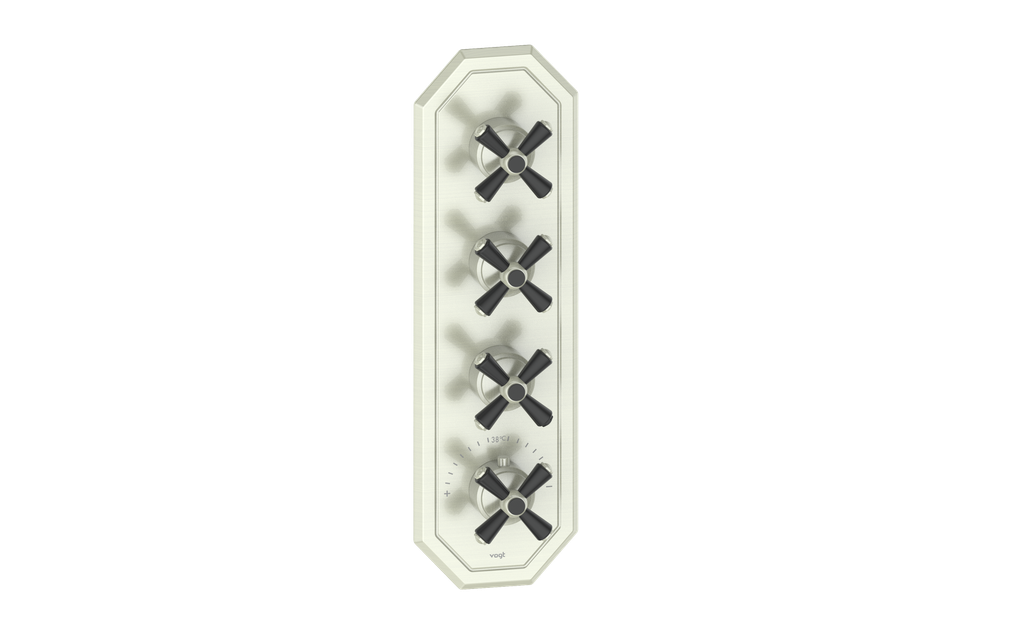 Vogt Carinthia 3/4" High-Flow Thermostatic Valve Trim with 3 Stops in Brushed Nickel & Matte Black with Cross Handle – TM.C3.350.BB