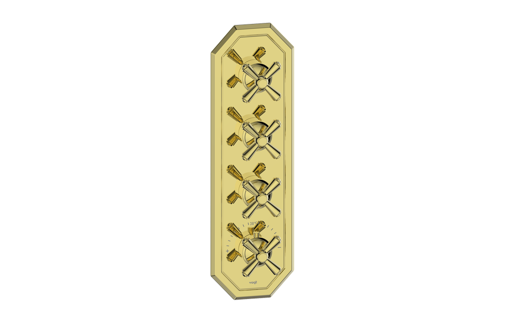 Vogt Carinthia 3/4" High-Flow Thermostatic Valve Trim with 3 Stops in Brushed Gold with Cross Handle – TM.C3.350.BG