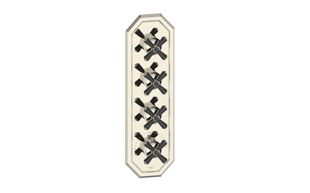 Vogt Carinthia 3/4" High-Flow Thermostatic Valve Trim with 3 Stops in Polished Nickel & Matte Black with Cross Handle – TM.C3.350.PB