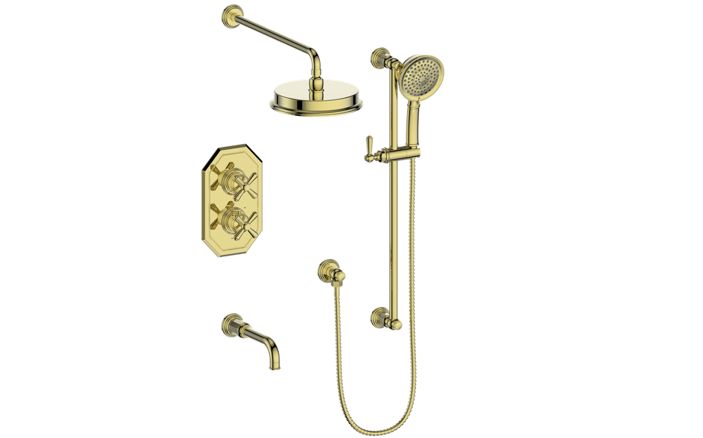 Vogt Carinthia 3-Way Thermostatic Shower System Trim in Brushed Gold with Cross Handle – TM.C31.320.310.BG