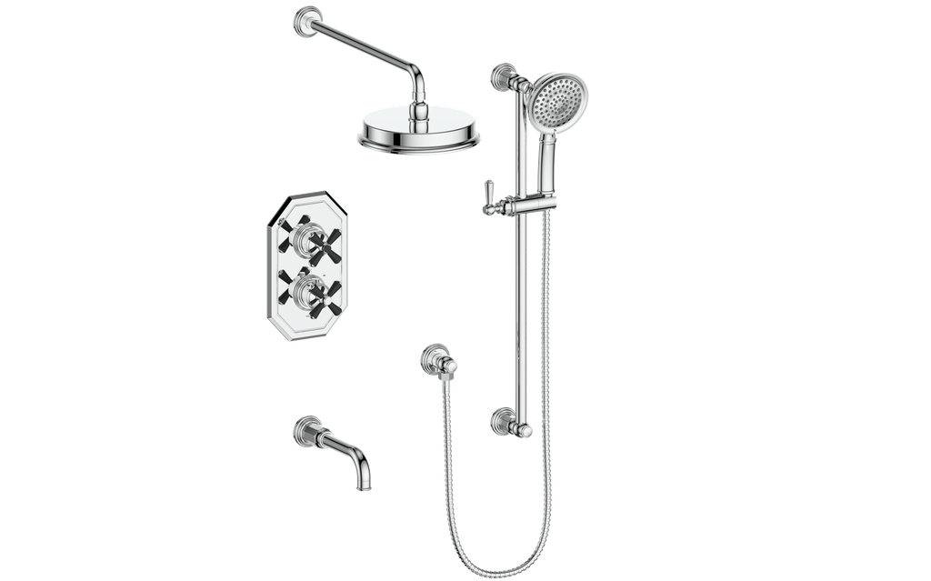 Vogt Carinthia 3-Way Thermostatic Shower System Trim in Chrome & Matte Black with Cross Handle – TM.C31.320.310.CB