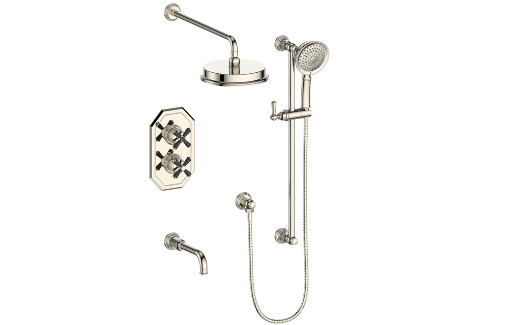 Vogt Carinthia 3-Way Thermostatic Shower System Trim in Polished Nickel & Matte Black with Cross Handle – TM.C31.320.310.PB