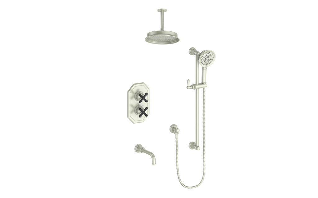 Vogt Carinthia 3-Way Thermostatic Shower System Trim, 6" Ceiling Arm, in Brushed Nickel & Matte Black with Cross Handle – TM.C31.320.316.BB
